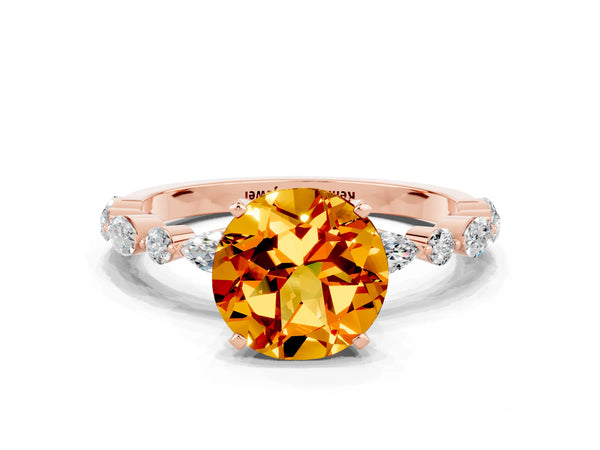 Rose gold Round Cut Citrine Ring with Marquise and Round  Side Stones and Four-Prong Setting