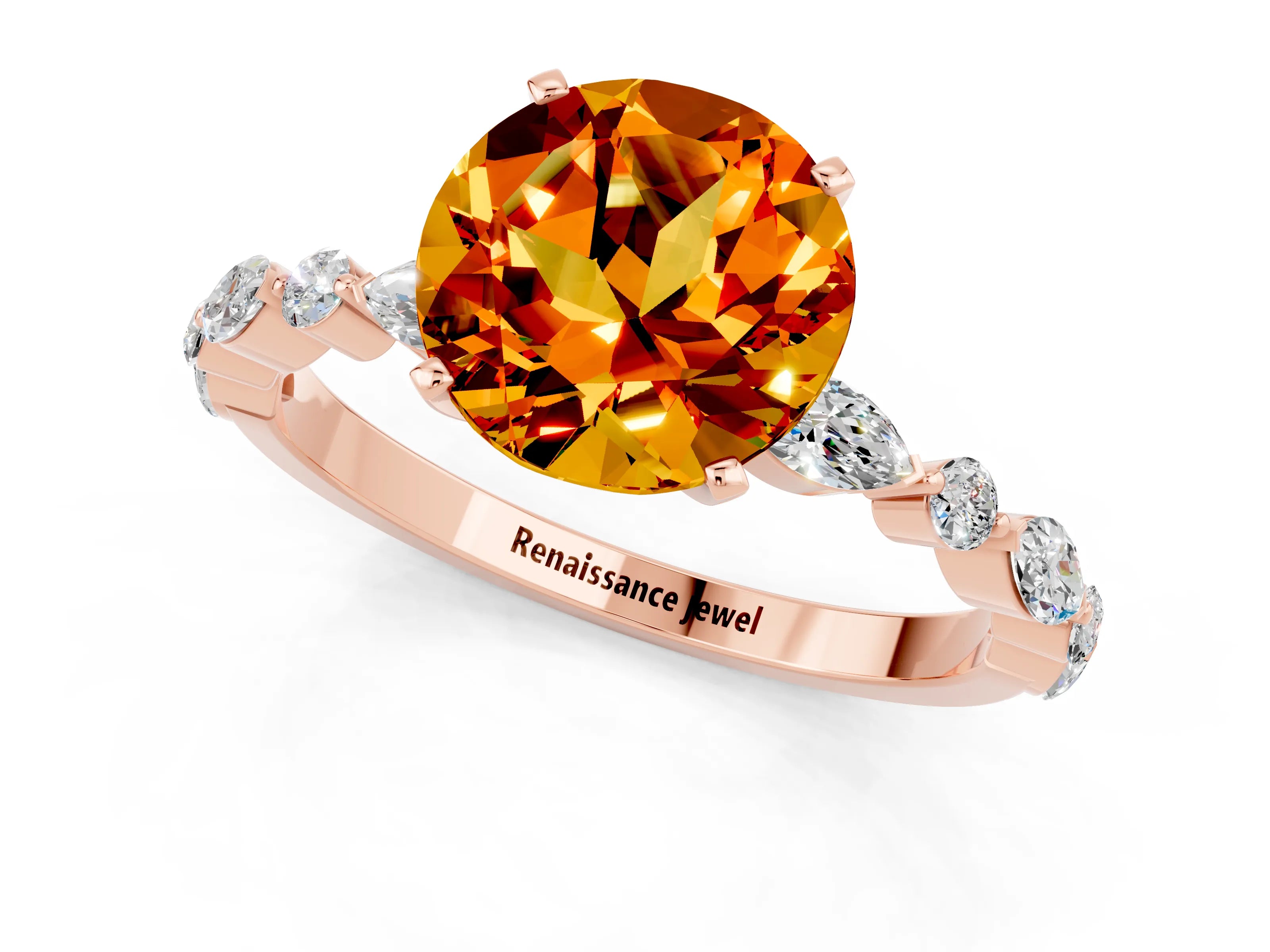 Rose gold Round Cut Citrine Solitaire with Side Stones on a Pavé Band and Four-Prong Setting_1