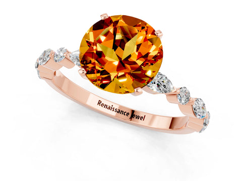Rose gold Round Cut Citrine Solitaire with Side Stones on a Pavé Band and Four-Prong Setting_1
