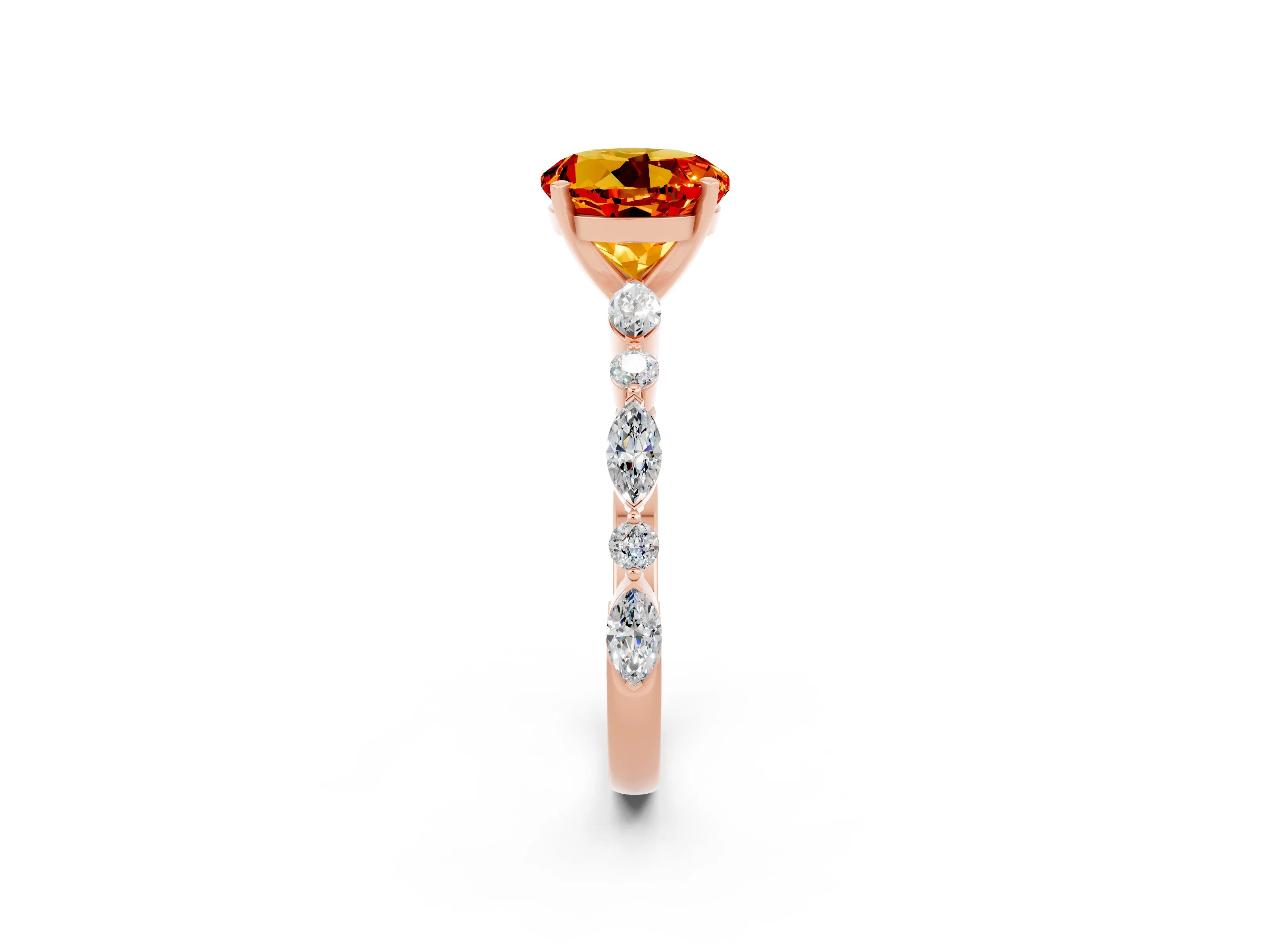 Rose gold Round Cut Citrine Solitaire with Side Stones on a Pavé Band and Four-Prong Setting_2