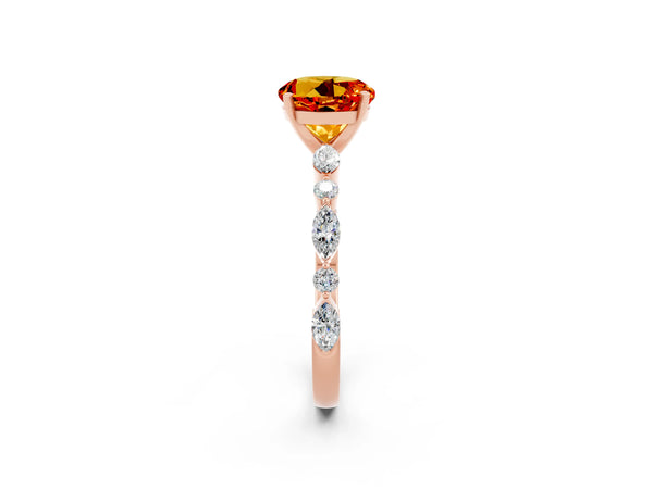 Rose gold Round Cut Citrine Ring with Marquise and Round  Side Stones and Four-Prong Setting