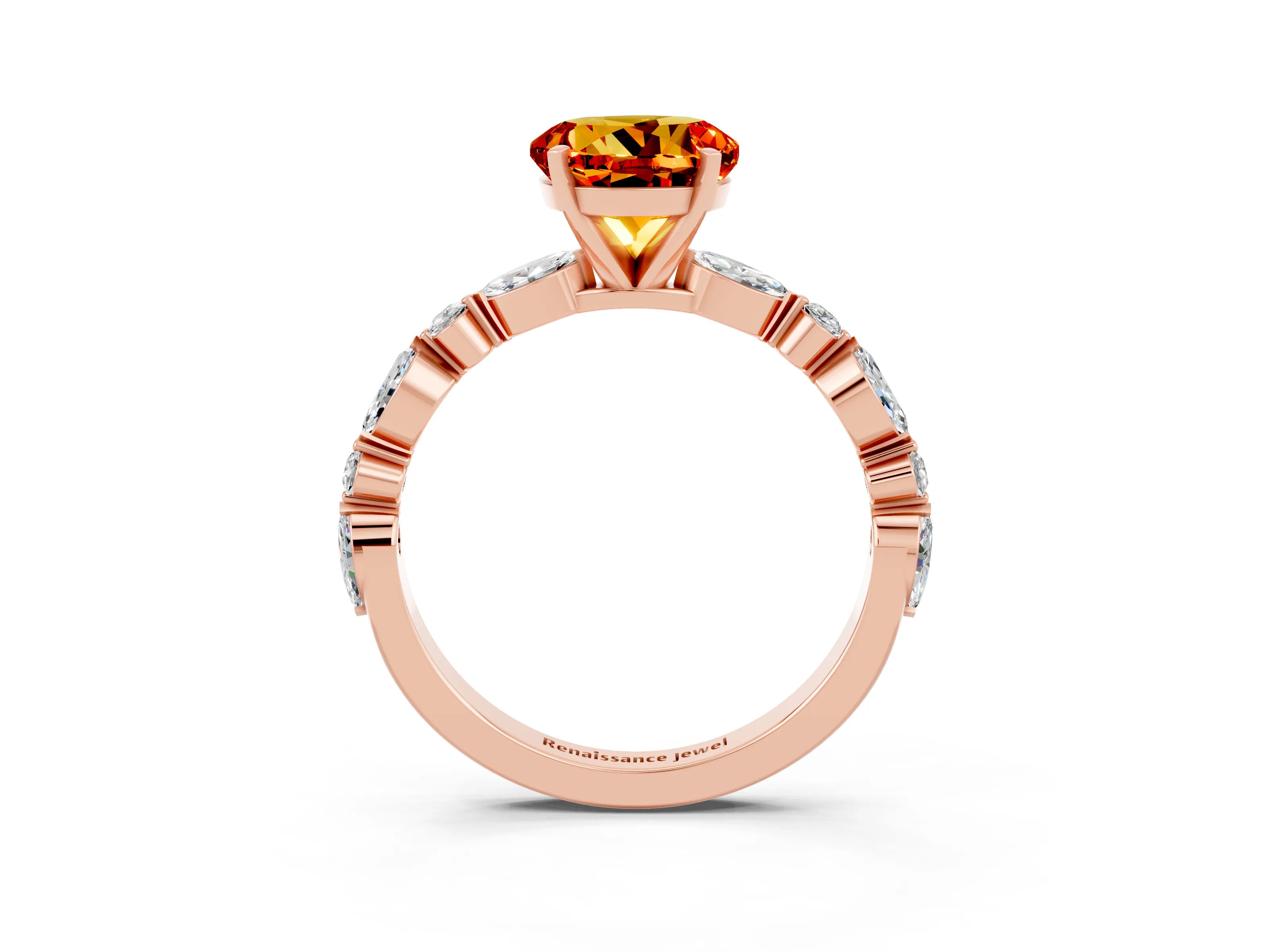 Rose gold Round Cut Citrine Solitaire with Side Stones on a Pavé Band and Four-Prong Setting_3