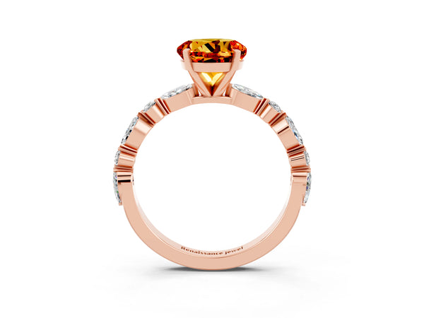 Rose gold Round Cut Citrine Ring with Marquise and Round  Side Stones and Four-Prong Setting