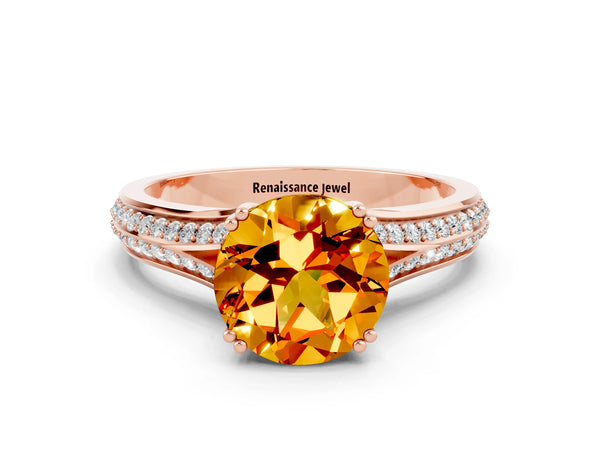 Rose gold Round Cut Citrine Split Shank Engagement Ring with Pavé Band