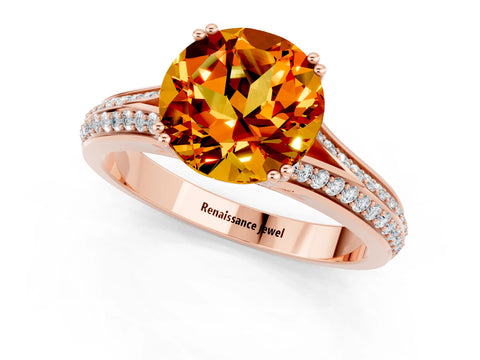 Rose gold Round Cut Citrine Split Shank Engagement Ring with Pavé Band_1