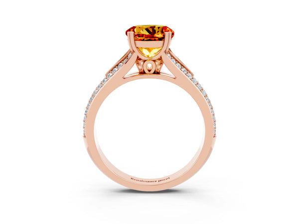 Rose gold Round Cut Citrine Split Shank Engagement Ring with Pavé Band