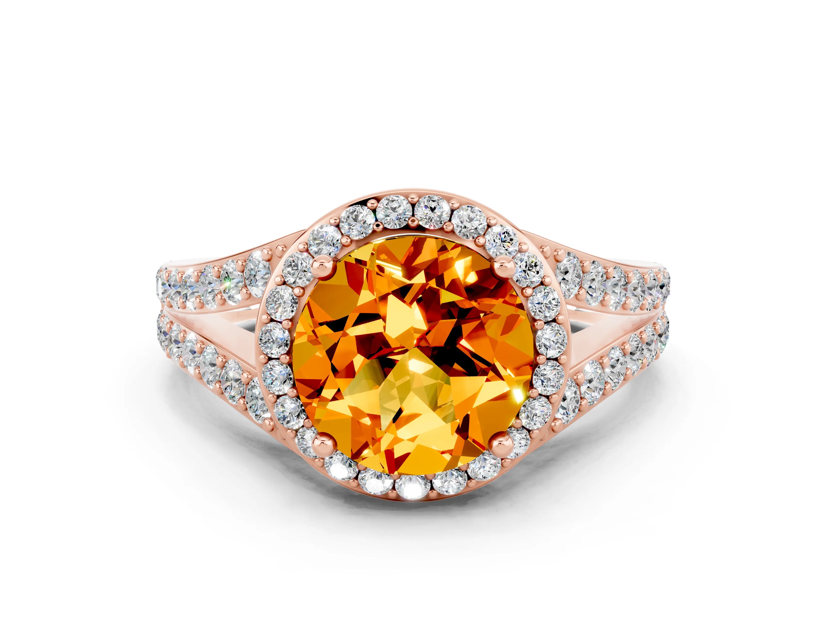 Rose gold Round Cut Citrine Split Shank Halo Ring with Four-Prong Setting_12