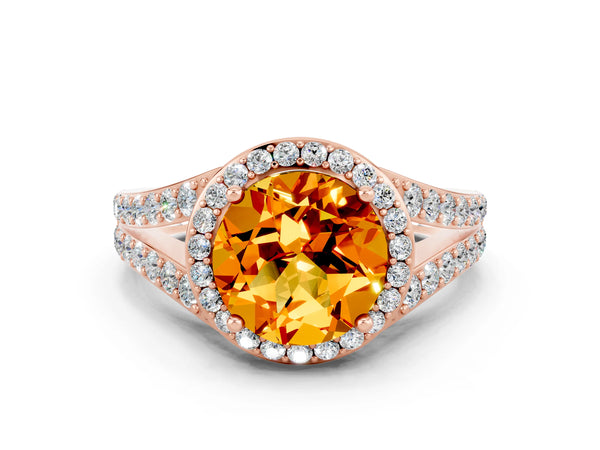 Rose gold Round Cut Citrine Split Shank Halo Ring with Four-Prong Setting