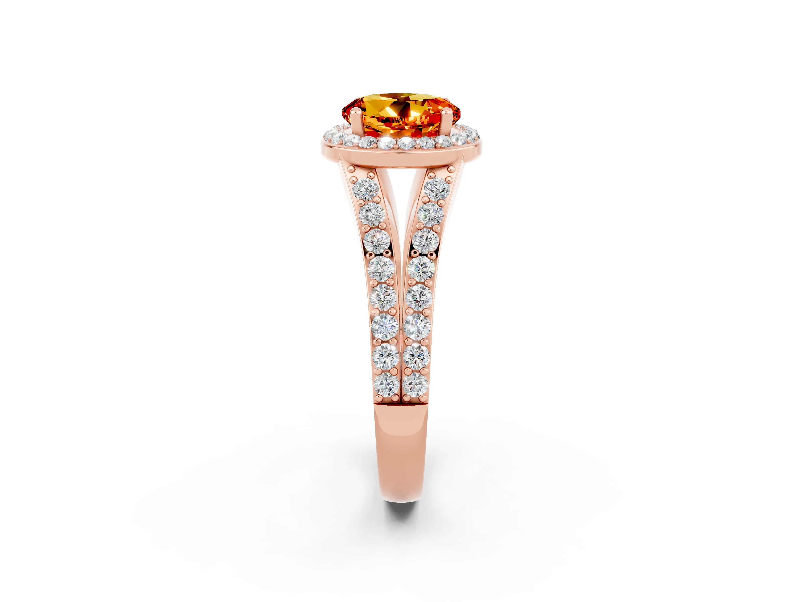 Rose gold Round Cut Citrine Split Shank Halo Ring with Four-Prong Setting_14