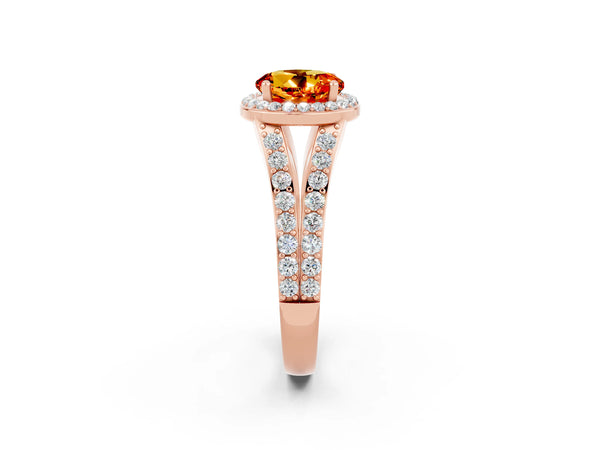 Rose gold Round Cut Citrine Split Shank Halo Ring with Four-Prong Setting
