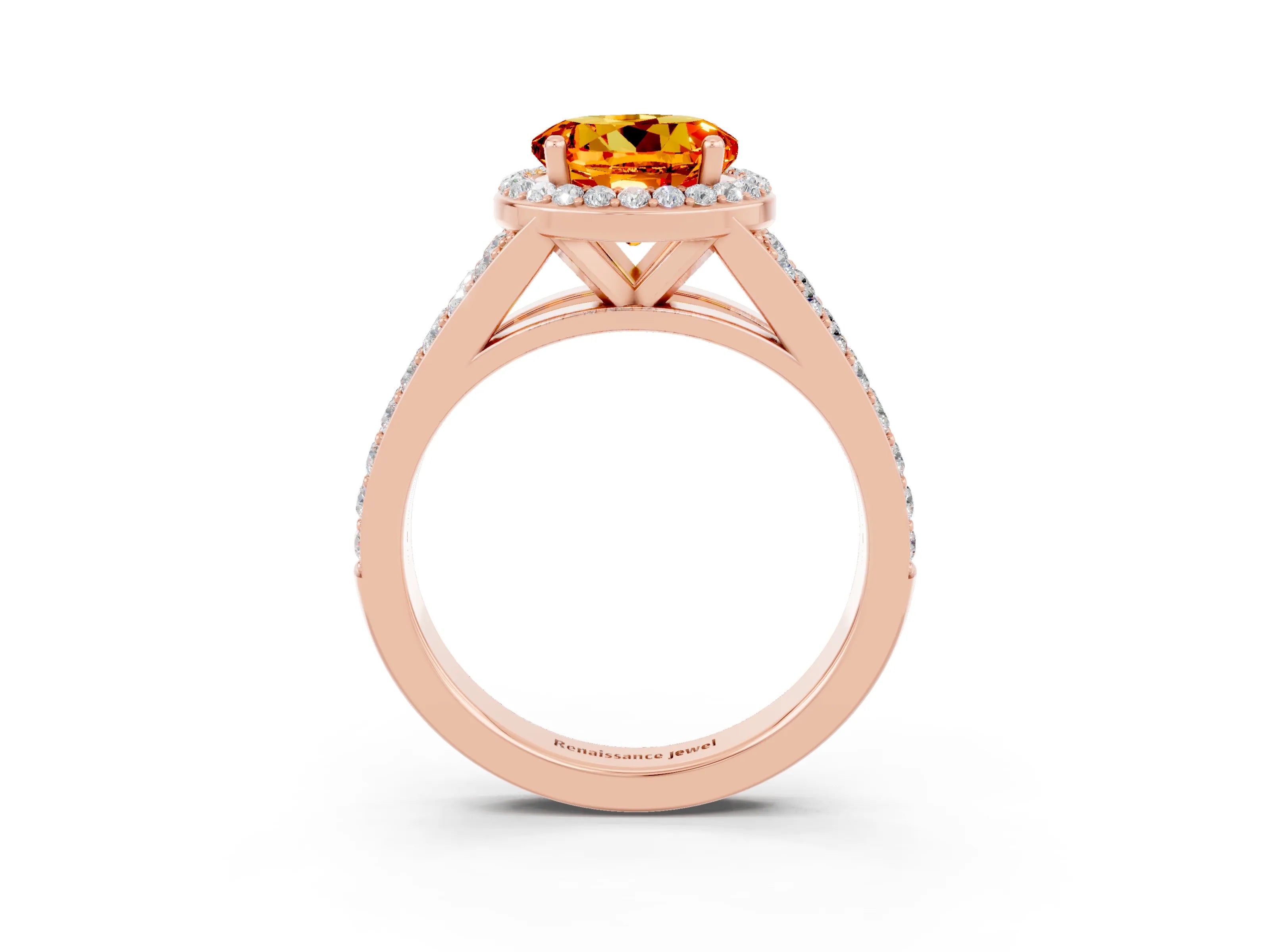 Rose gold Round Cut Citrine Split Shank Halo Ring with Four-Prong Setting_15