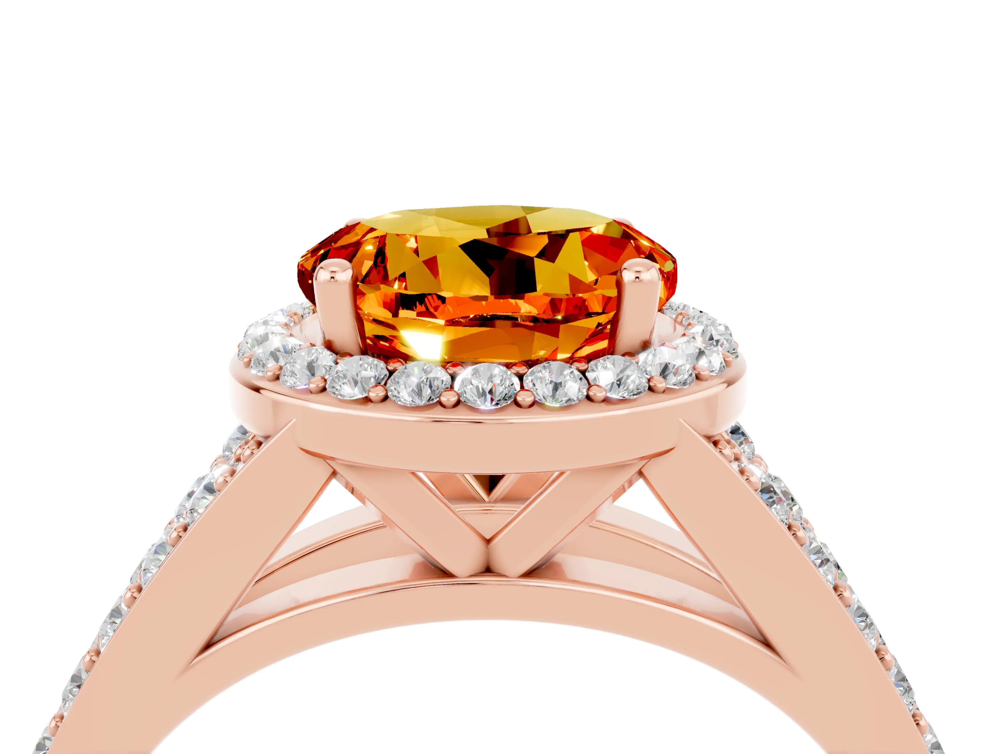 Rose gold Round Cut Citrine Split Shank Halo Ring with Four-Prong Setting_16