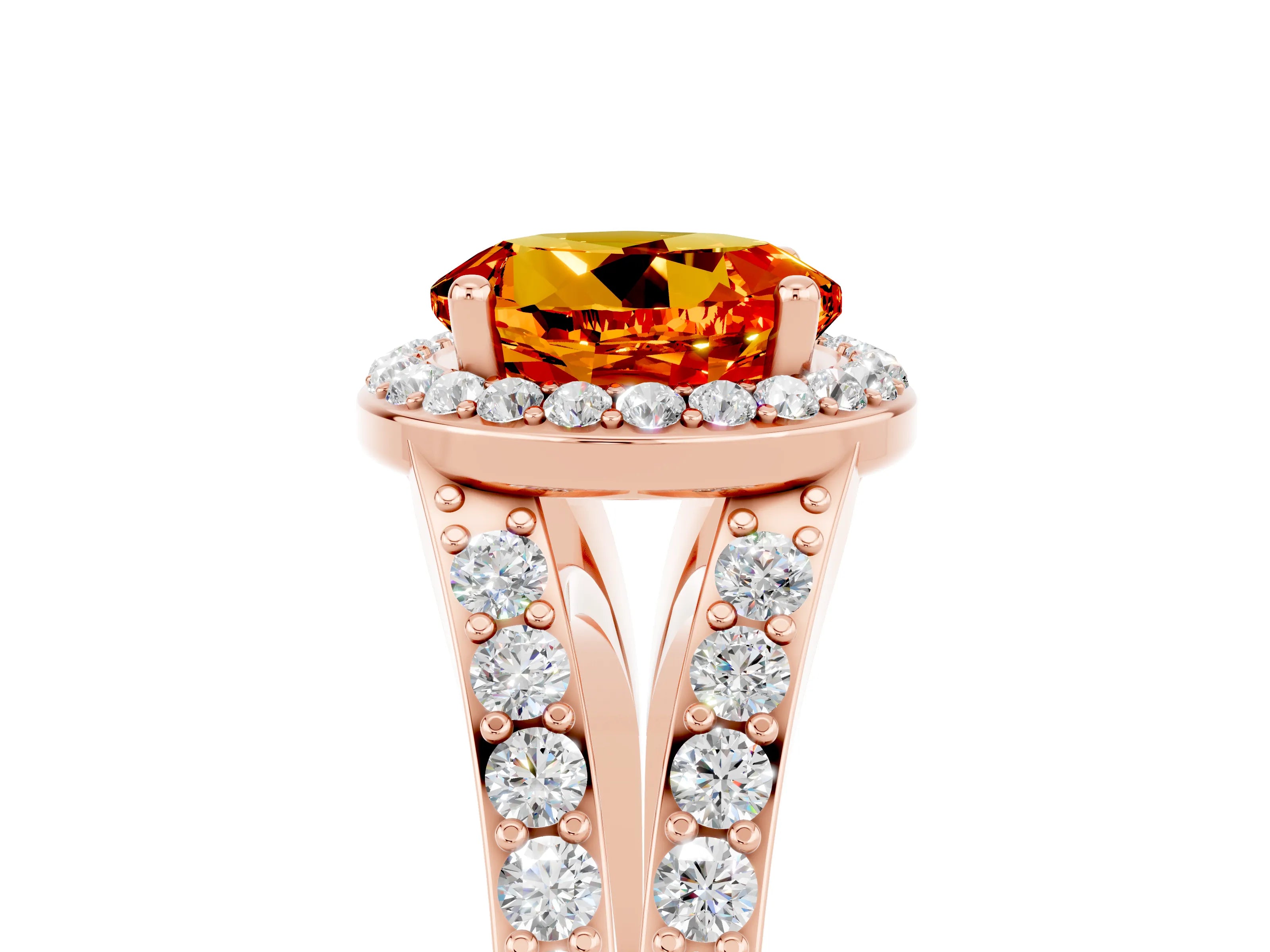 Rose gold Round Cut Citrine Split Shank Halo Ring with Four-Prong Setting_17
