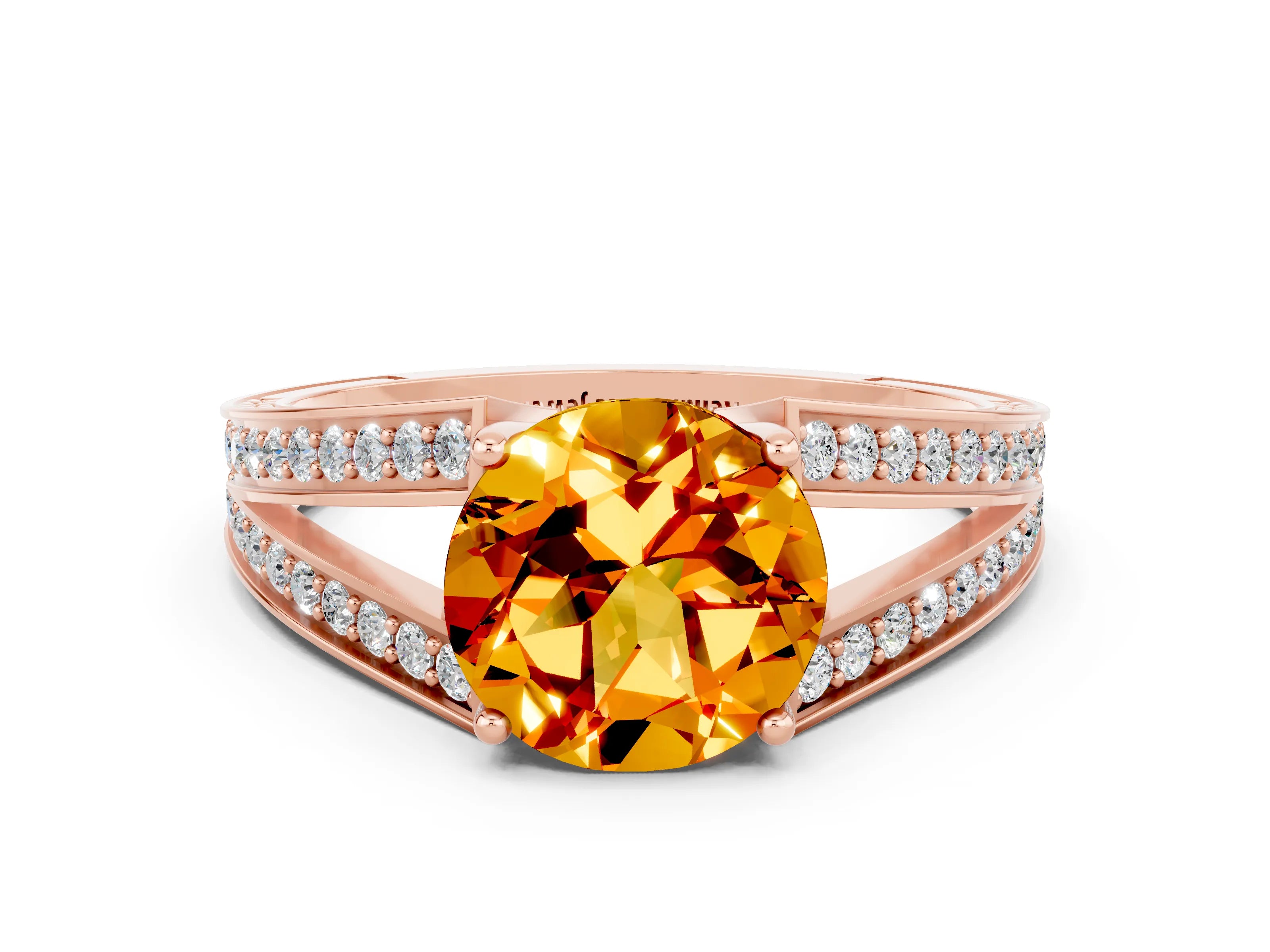 Rose gold Round Cut Citrine Split Shank Ring with Pavé Band and Four-Prong Setting