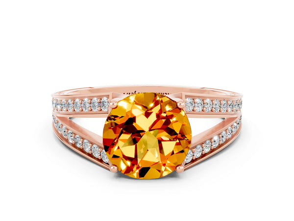 Rose gold Round Cut Citrine Split Shank Ring with Pavé Band and Four-Prong Setting