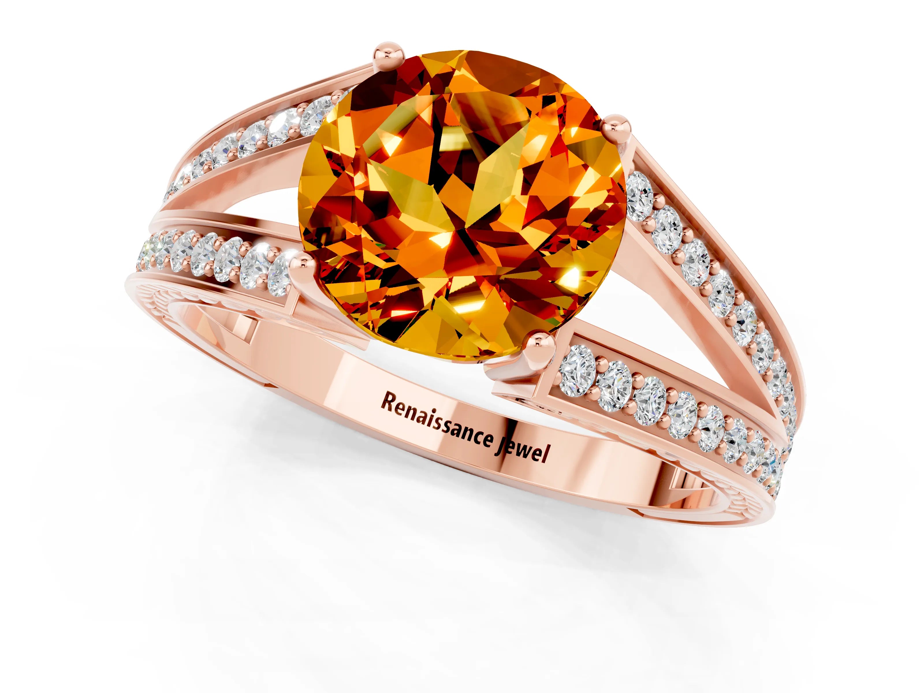 Rose gold Round Cut Citrine Split Shank Ring with Pavé Band and Four-Prong Setting_1