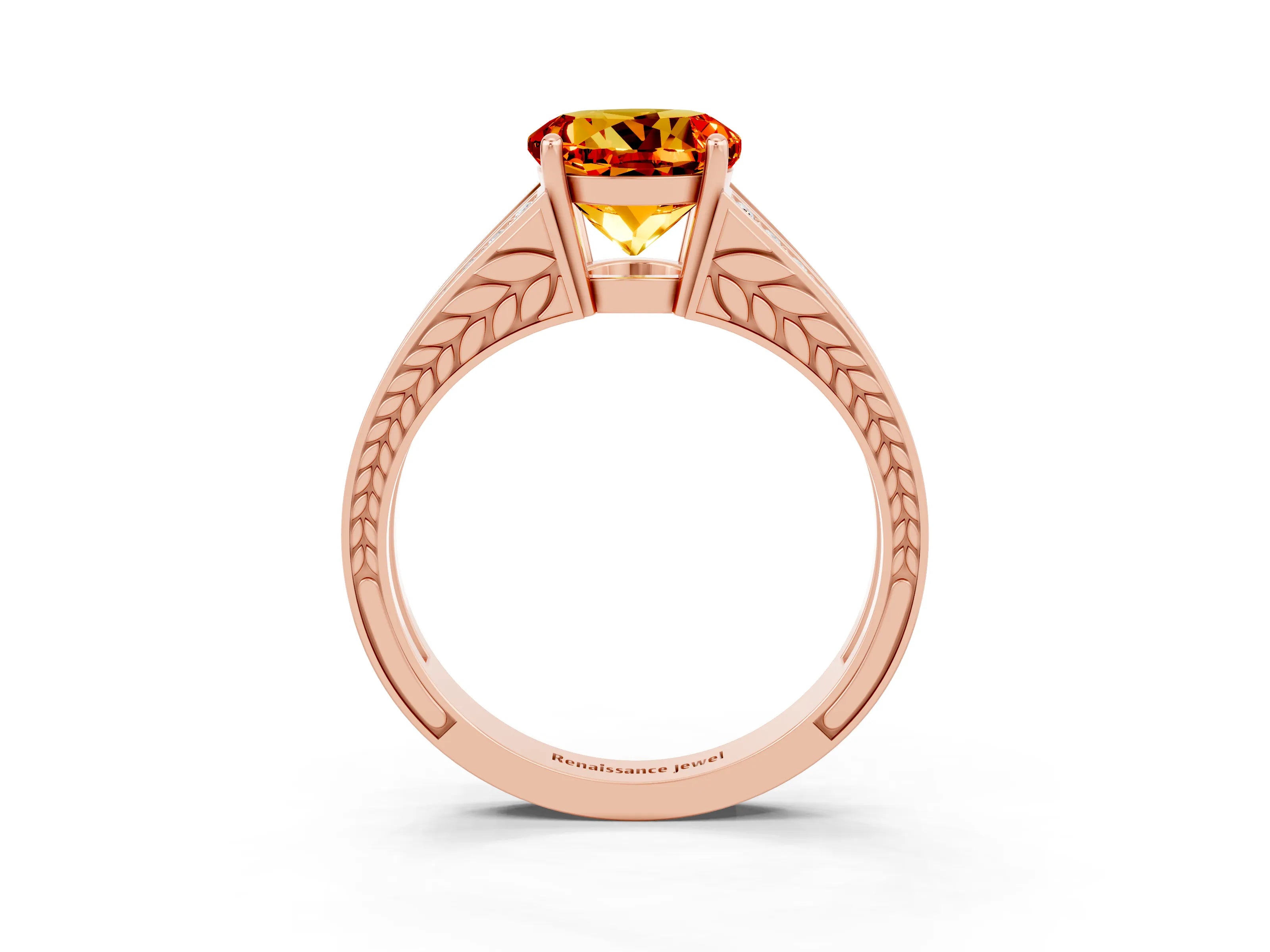 Rose gold Round Cut Citrine Split Shank Ring with Pavé Band and Four-Prong Setting_3