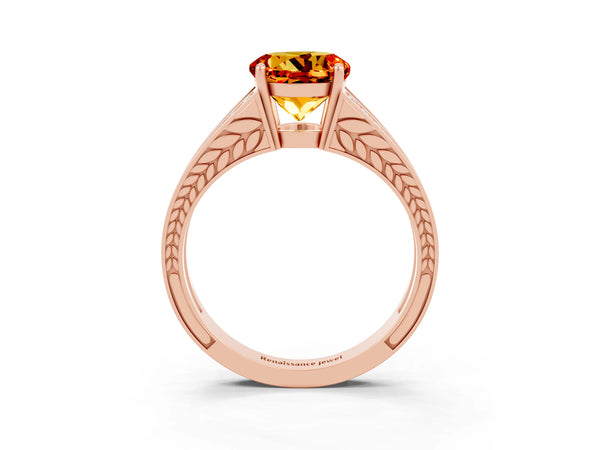 Rose gold Round Cut Citrine Split Shank Ring with Pavé Band and Four-Prong Setting