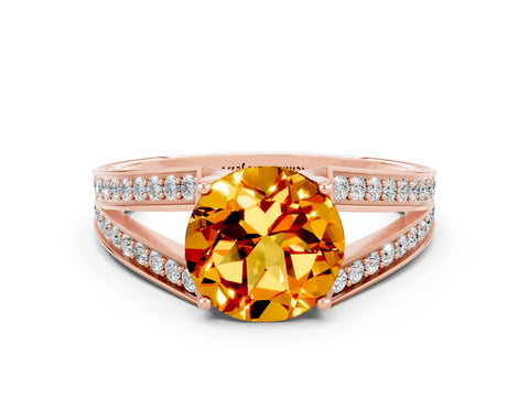 Rose gold Round Cut Citrine Split Shank Ring with Pavé Band and Four-Prong Setting