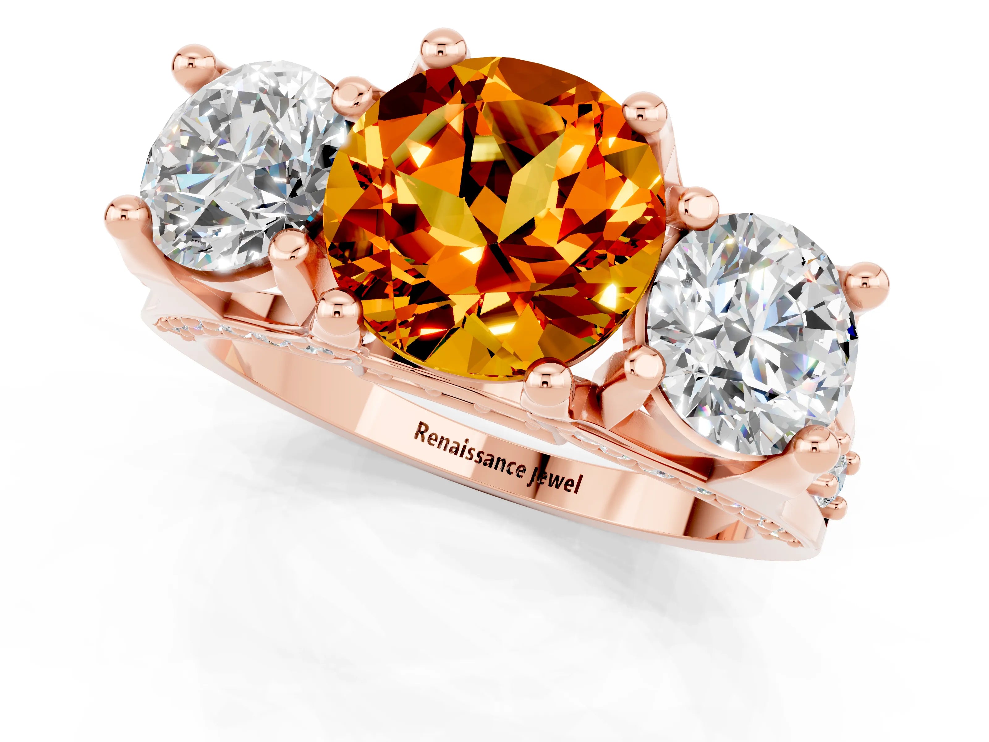 Rose gold Round Cut Citrine Three-Stone Ring with Channel Set Band and Four-Prong Setting_1