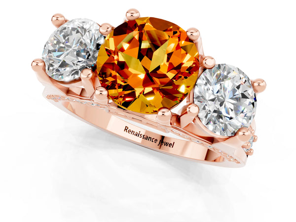 Rose gold Round Cut Citrine Three-Stone Ring with Channel Set Band and Four-Prong Setting