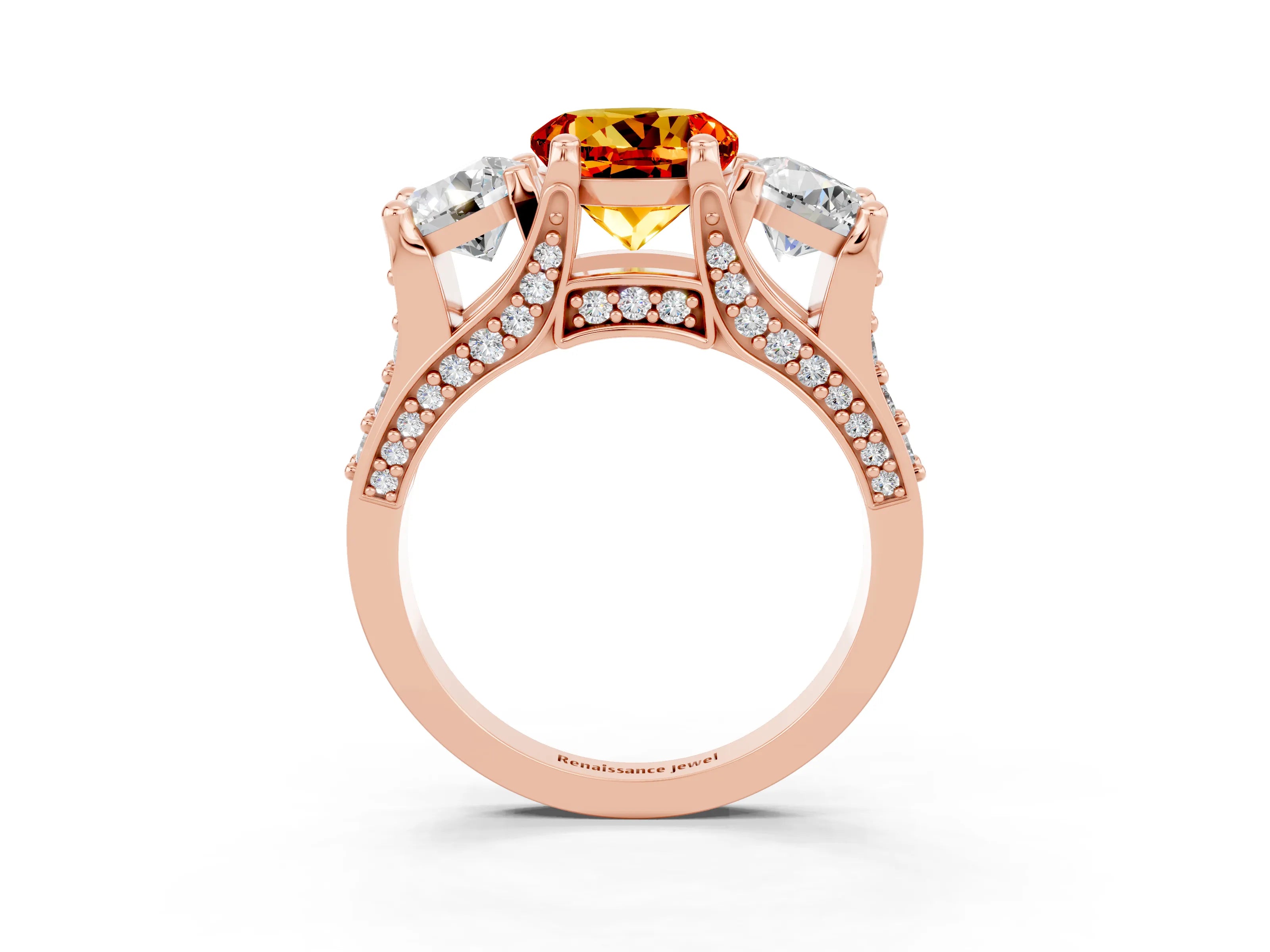 Rose gold Round Cut Citrine Three-Stone Ring with Channel Set Band and Four-Prong Setting_3