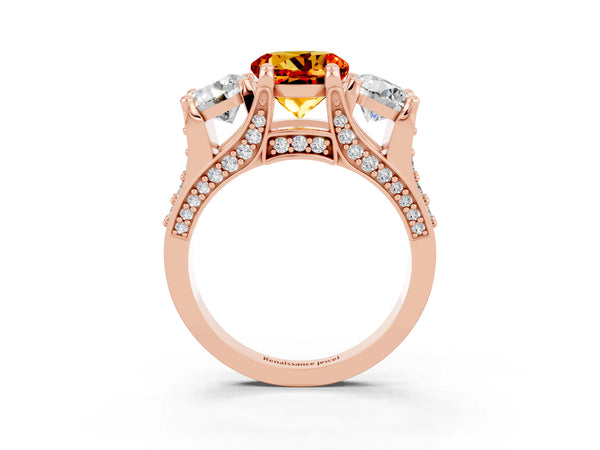 Rose gold Round Cut Citrine Three-Stone Ring with Channel Set Band and Four-Prong Setting