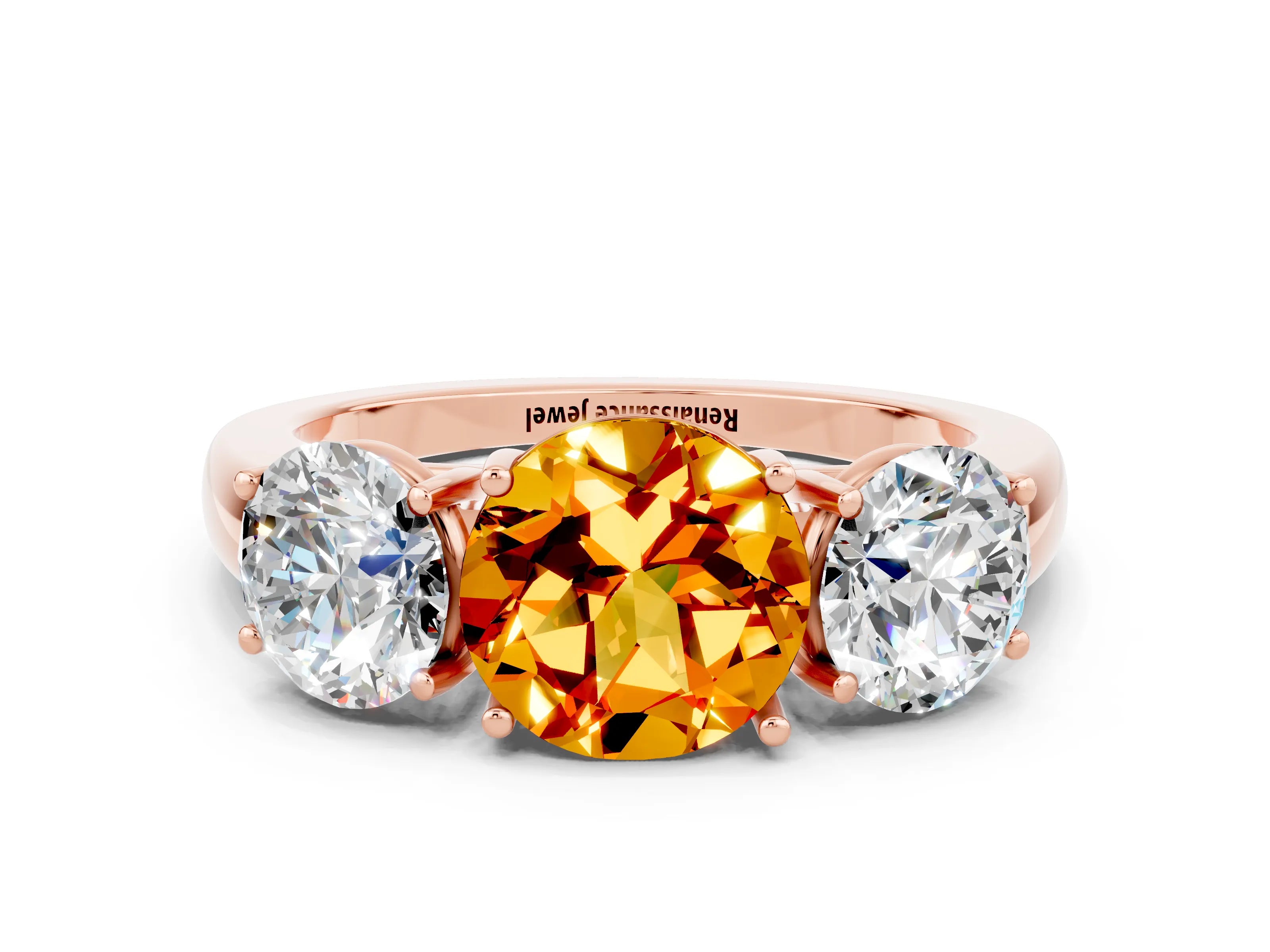 Rose gold Round Cut Citrine Three-Stone Ring with Four-Prong Setting and Classic Band
