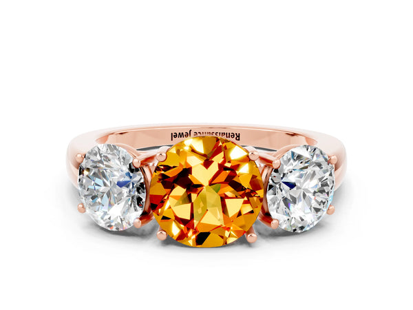 Rose gold Round Cut Citrine Three-Stone Ring with Four-Prong Setting and Classic Band