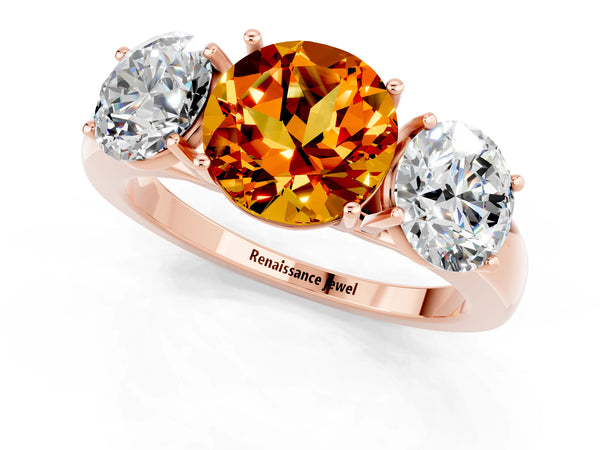 Rose gold Round Cut Citrine Three-Stone Ring with Four-Prong Setting and Classic Band