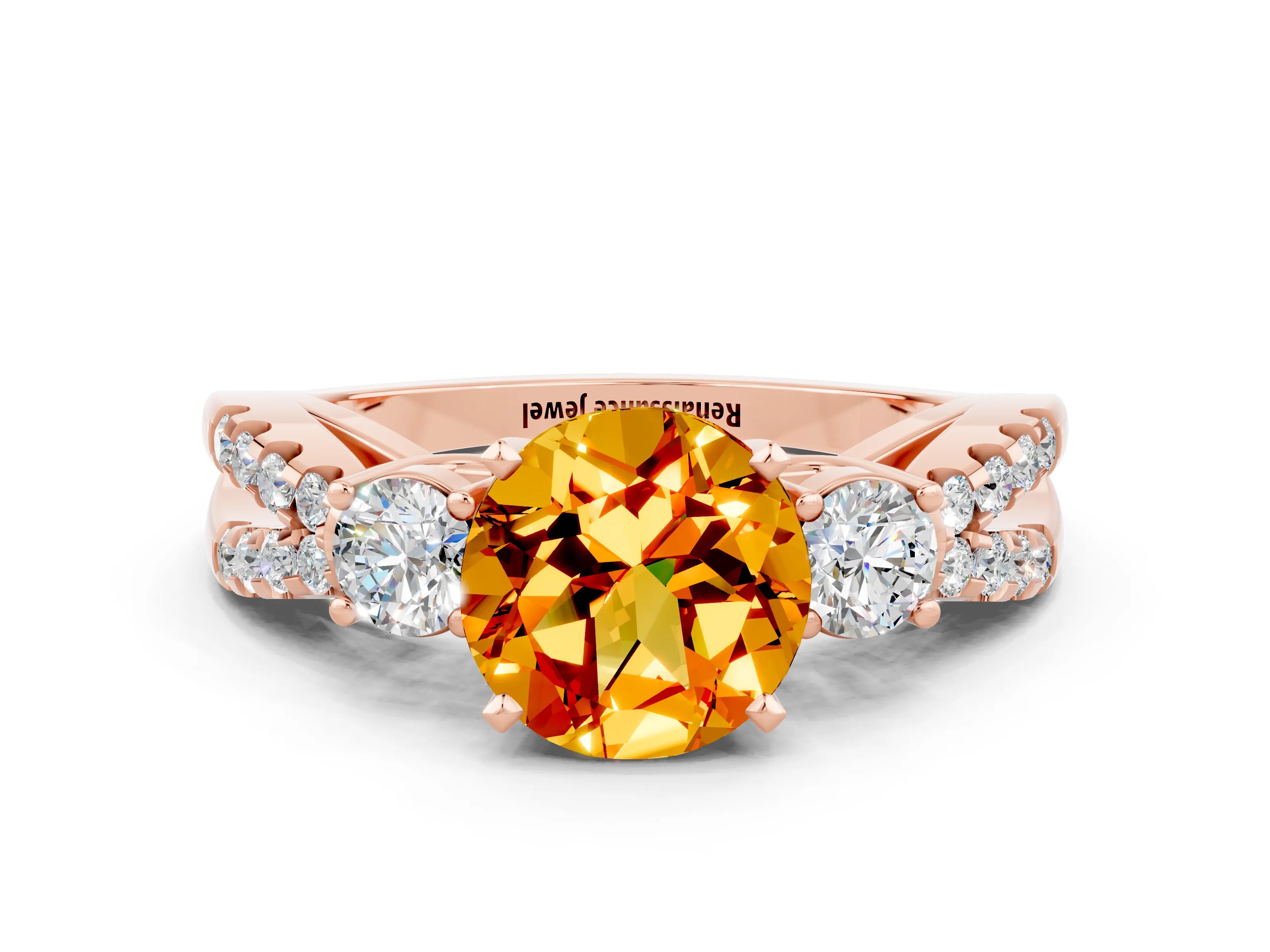 Rose gold Round Cut Citrine Three-Stone Ring with Pavé Split Shank and Four-Prong Setting