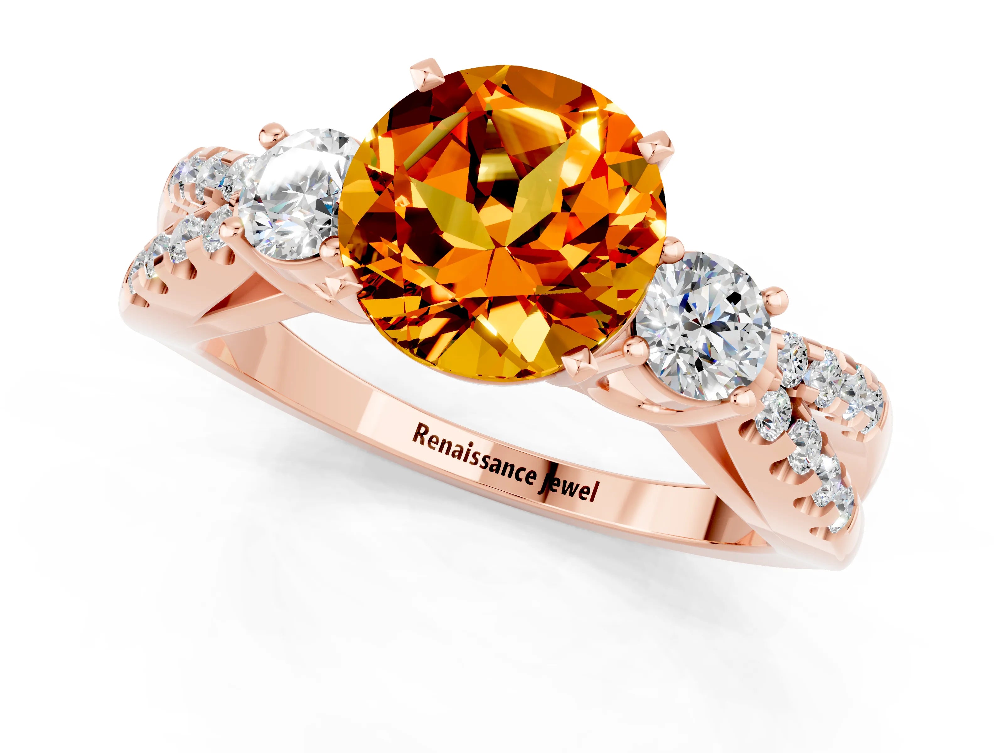 Rose gold Round Cut Citrine Three-Stone Ring with Pavé Split Shank and Four-Prong Setting_1