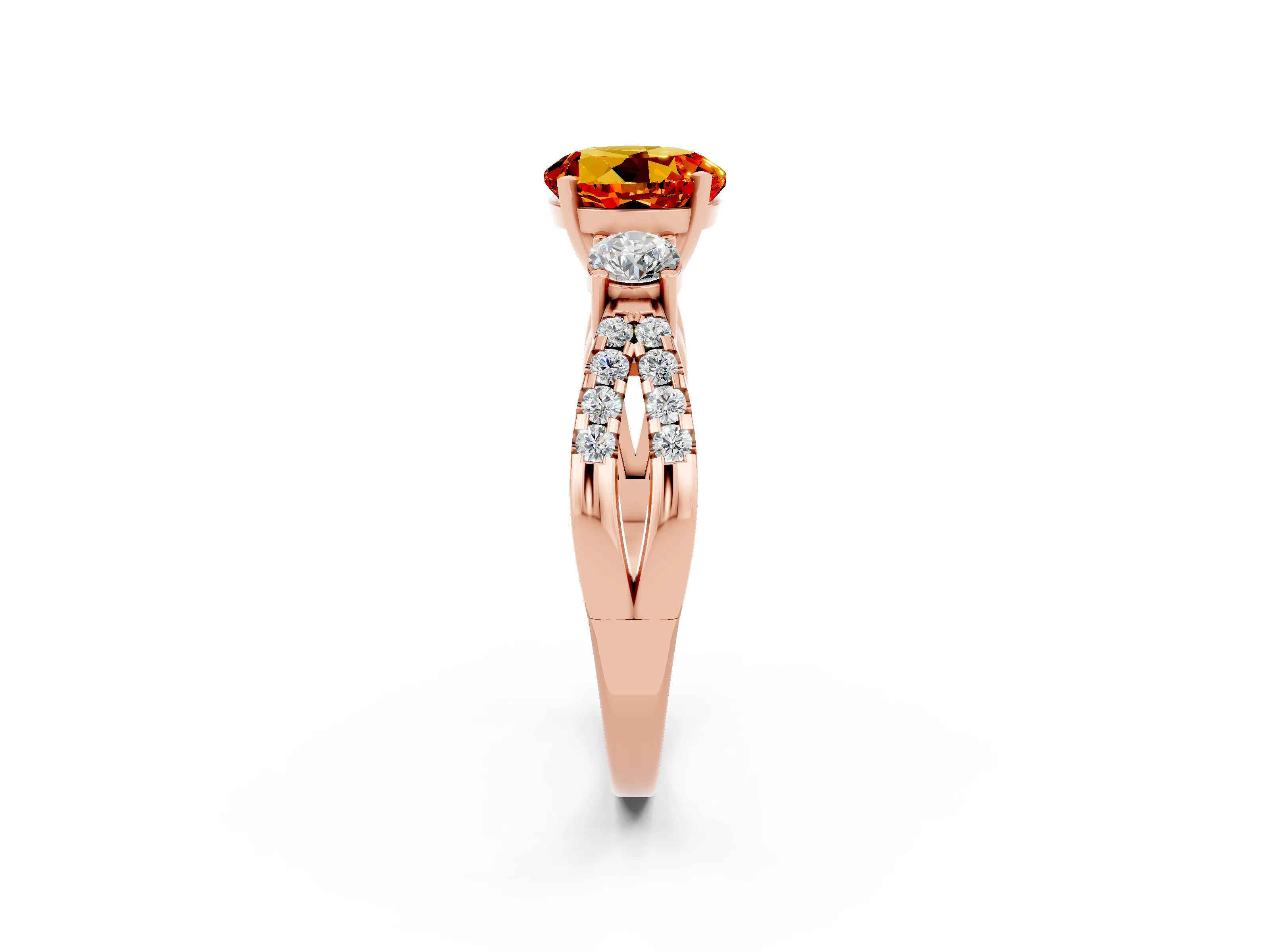 Rose gold Round Cut Citrine Three-Stone Ring with Pavé Split Shank and Four-Prong Setting_2