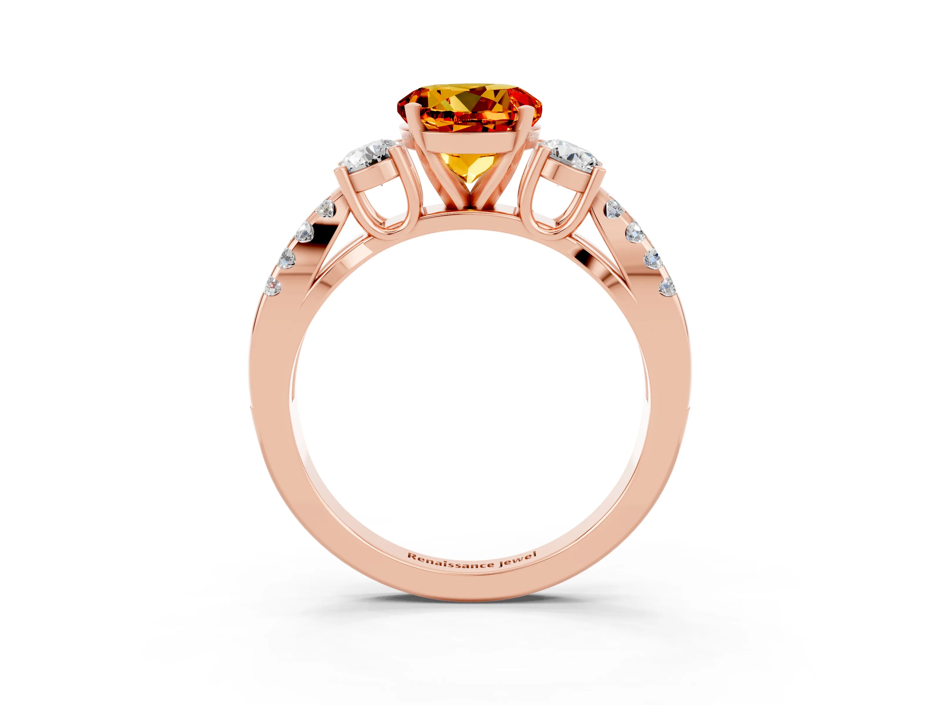 Rose gold Round Cut Citrine Three-Stone Ring with Pavé Split Shank and Four-Prong Setting_3