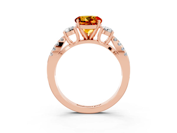 Rose gold Round Cut Citrine Three-Stone Ring with Pavé Split Shank and Four-Prong Setting