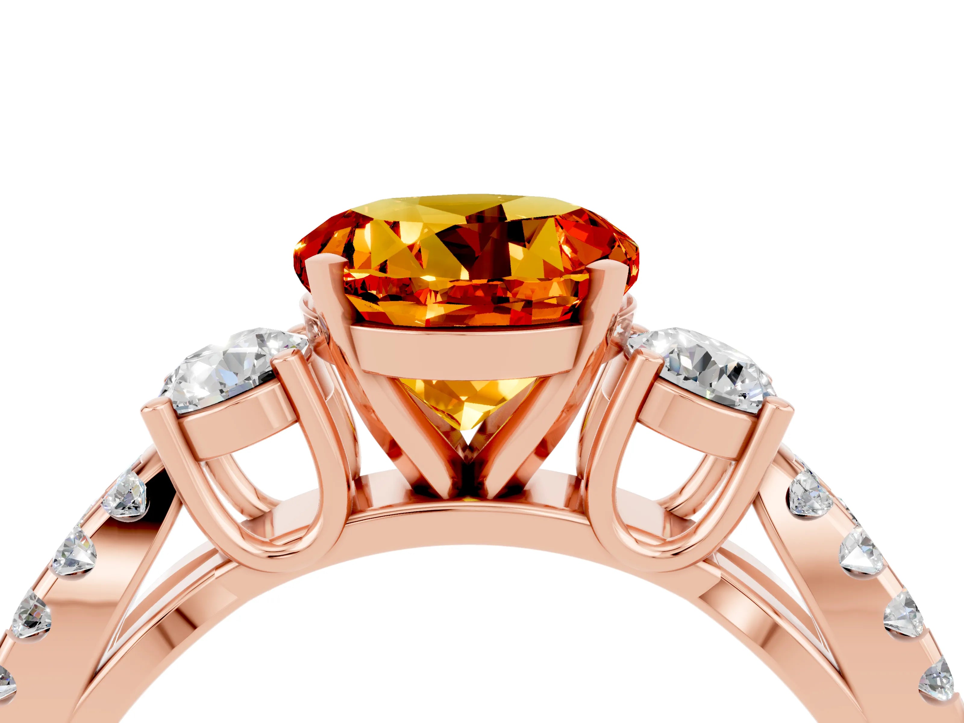 Rose gold Round Cut Citrine Three-Stone Ring with Pavé Split Shank and Four-Prong Setting_4