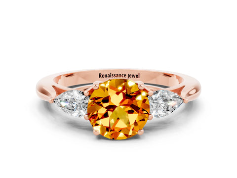 Rose gold Round Cut Citrine Three-Stone Ring with Pear Side Stones and Four-Prong Setting_12
