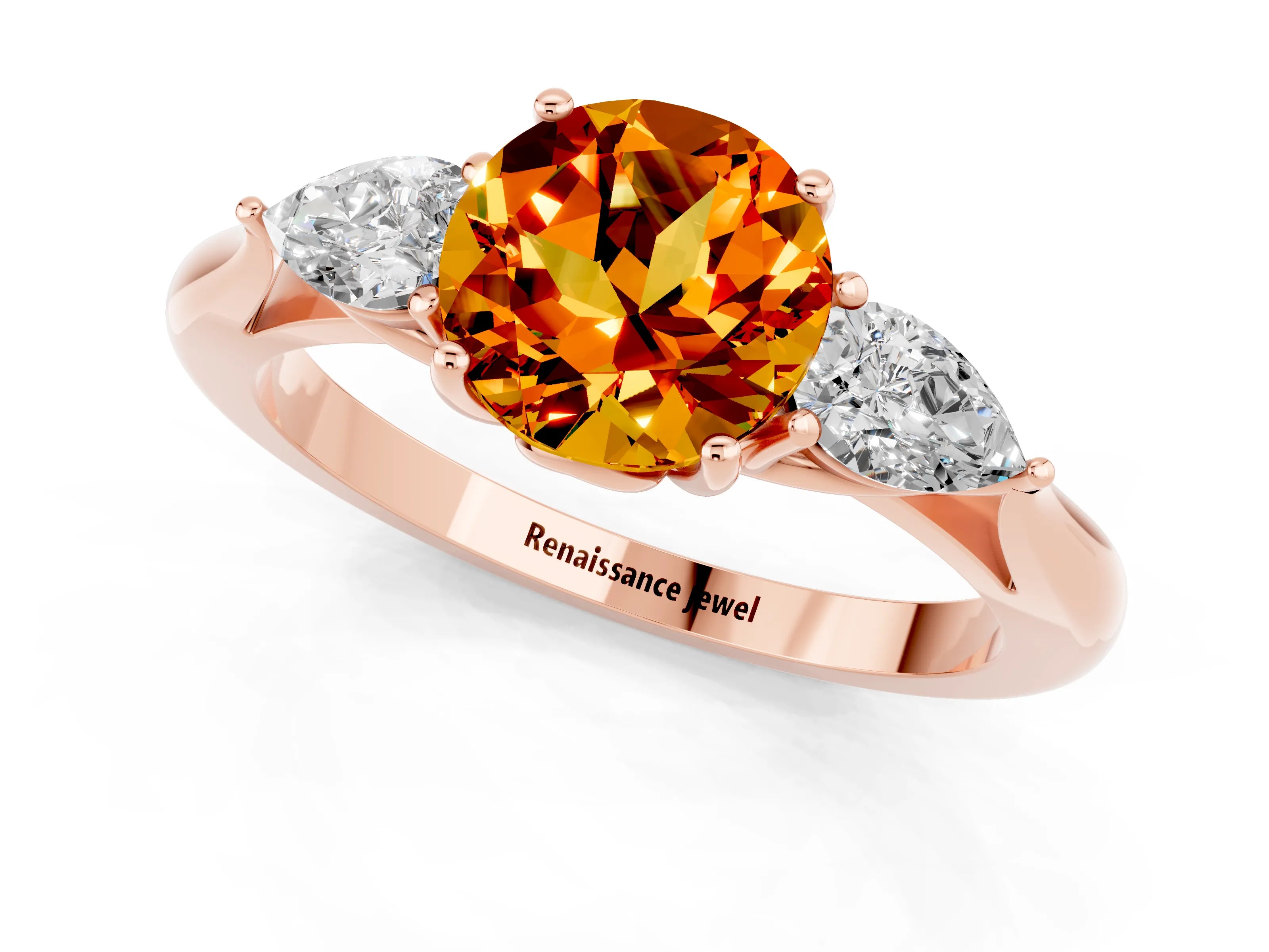 Rose gold Round Cut Citrine Three-Stone Ring with Pear Side Stones and Four-Prong Setting_13