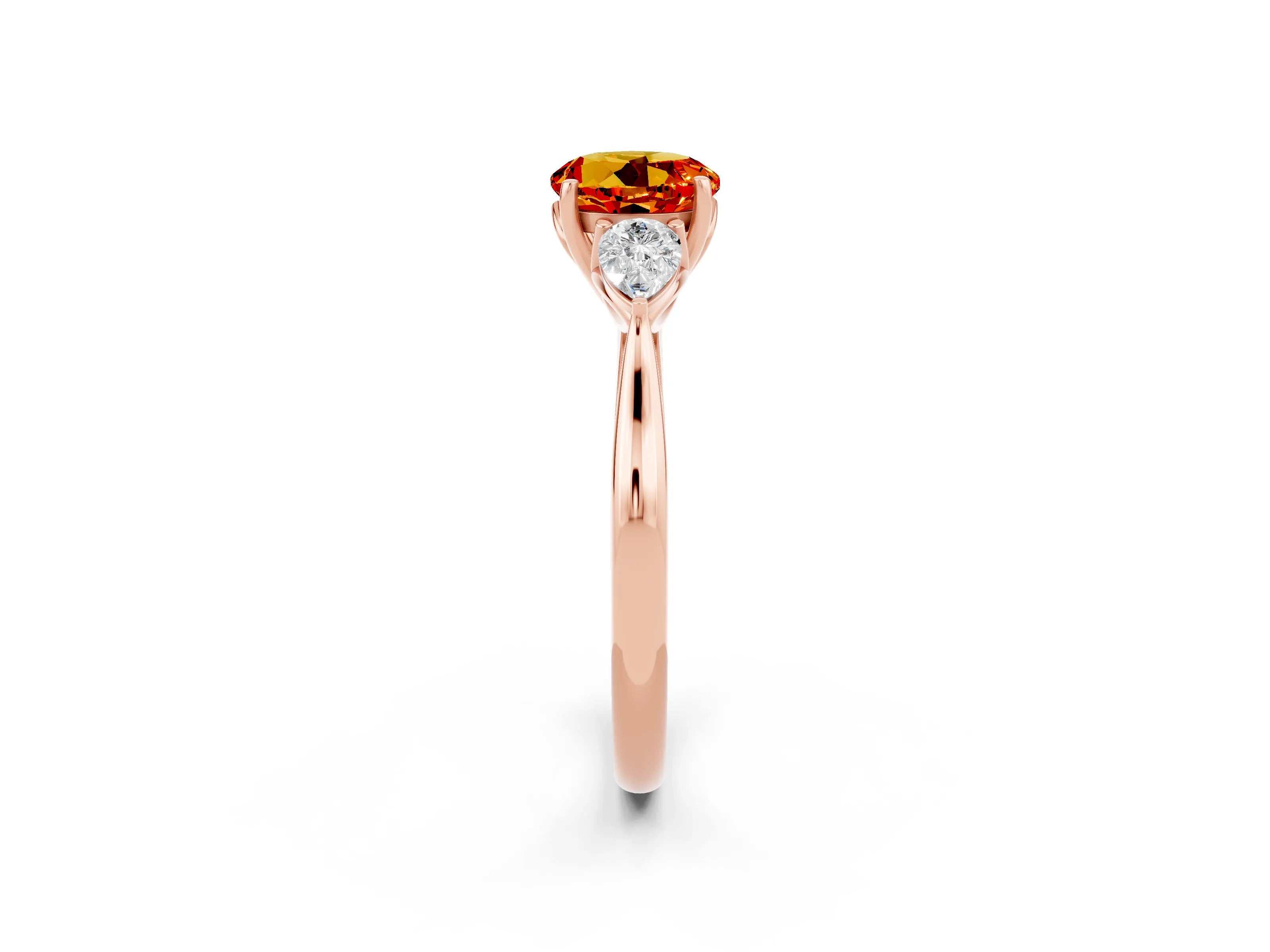 Rose gold Round Cut Citrine Three-Stone Ring with Pear Side Stones and Four-Prong Setting_14