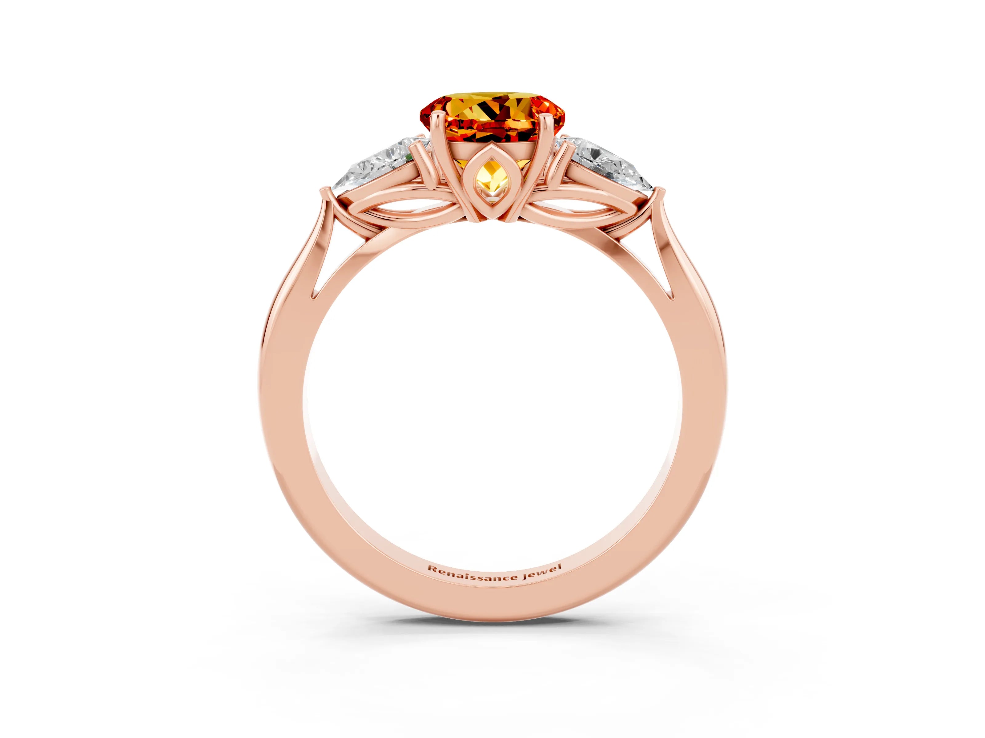 Rose gold Round Cut Citrine Three-Stone Ring with Pear Side Stones and Four-Prong Setting_15