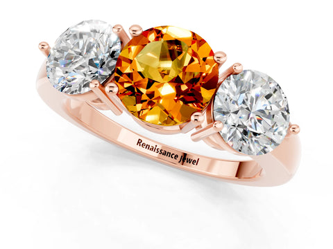 Rose gold Round Cut Citrine Three-Stone Ring with Prong Setting and Classic Band_1