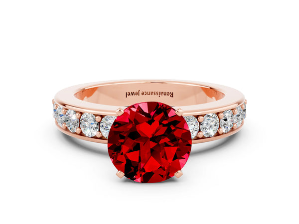 Rose gold Round Cut Ruby Engagement Ring with Channel Set Round Band and Prong Setting