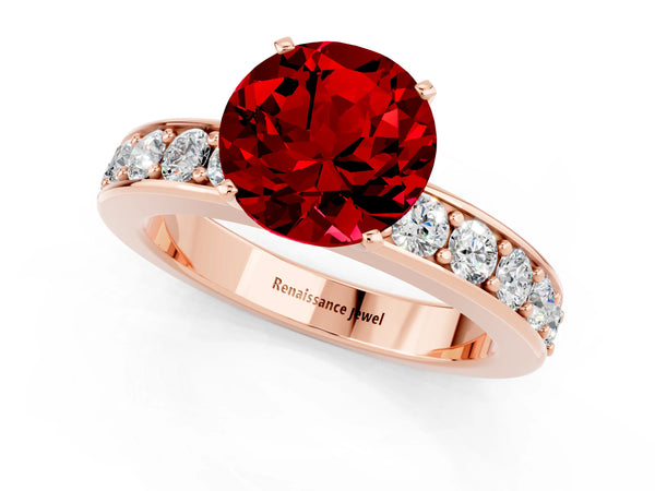 Rose gold Round Cut Ruby Engagement Ring with Channel Set Round Band and Prong Setting