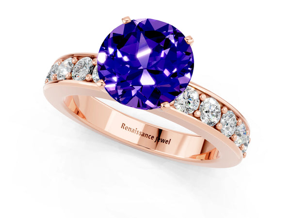 Rose gold Round Cut Tanzanite Engagement Ring with Channel Set Round Band and Prong Setting