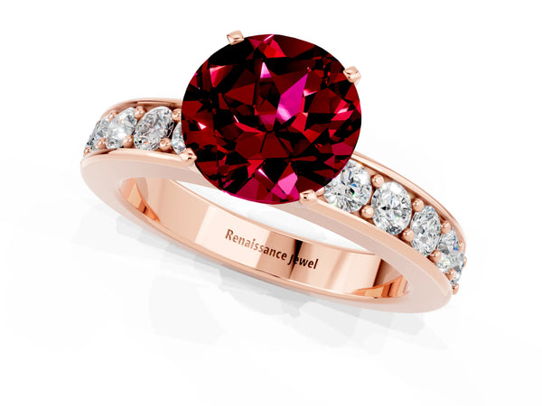 Rose gold Round Cut Garnet Engagement Ring with Channel Set Round Band and Prong Setting