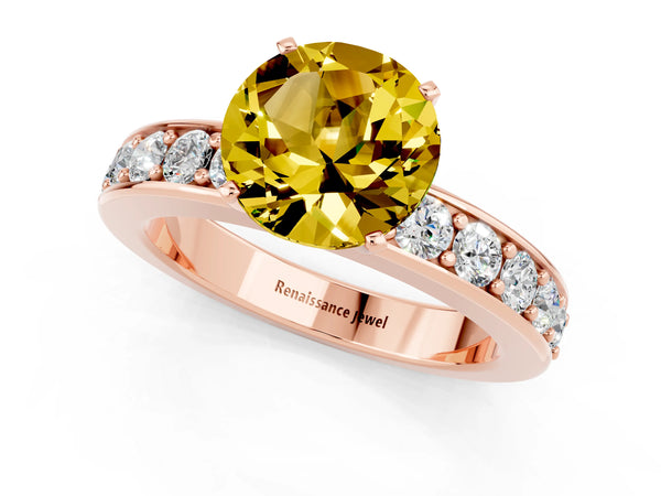 Rose gold Round Cut Yellow Sapphire Engagement Ring with Channel Set Round Band and Prong Setting