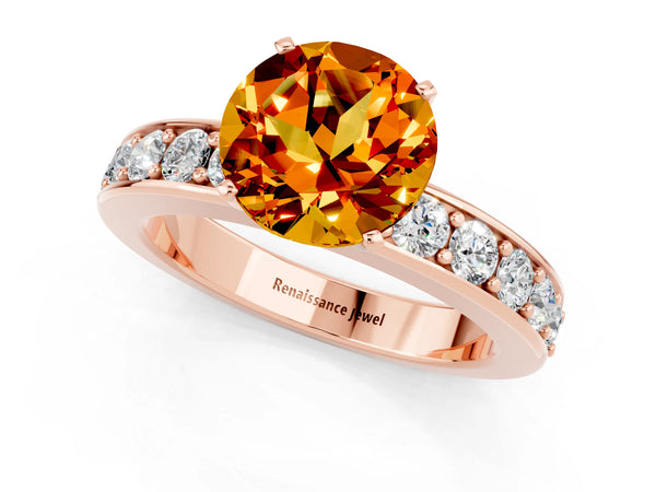 Rose gold Round Cut Citrine Engagement Ring with Channel Set Round Band and Prong Setting