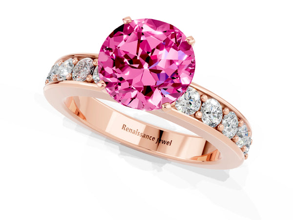 Rose gold Round Cut Pink Sapphire Engagement Ring with Channel Set Round Band and Prong Setting