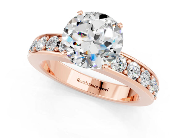 Rose gold Round Cut Moissanite Engagement Ring with Channel Set Round Band and Prong Setting