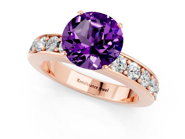 Rose gold Round Cut Amethyst Engagement Ring with Channel Set Round Band and Prong Setting